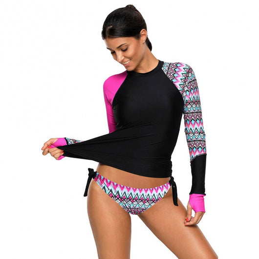 Traje de Baño Mujer Manga Larga Escote Redondo Cintura Baja con Encaje Estampado - Image 3