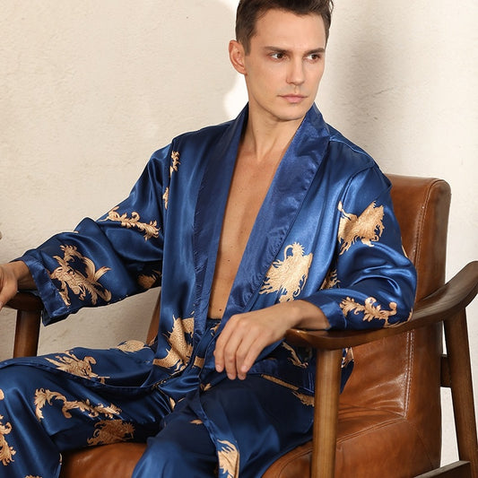 Conjunto de Pijama de Seda Lujo para Hombre - Bata y Pantalón Dos Piezas Talla Grande