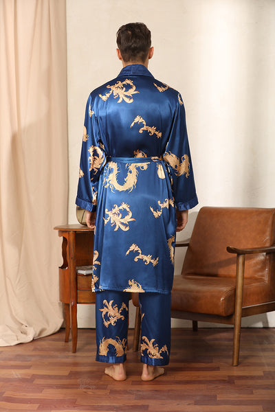 Conjunto de Pijama de Seda Lujo para Hombre - Bata y Pantalón Dos Piezas Talla Grande - Image 9