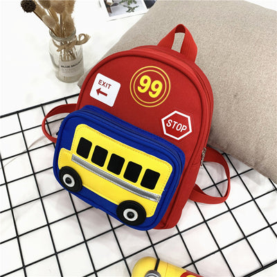Green mini backpack for kids with a yellow school bus design on the front pocket, 'EXIT', '99', and 'STOP' patches. - Image 10