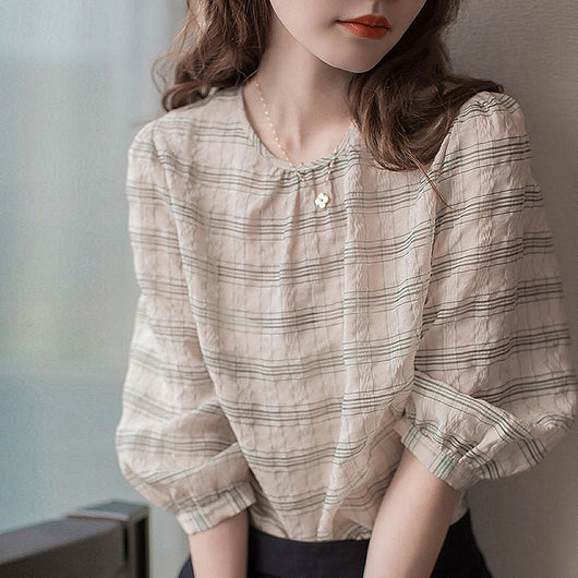 Blusa Cuadros Manga Voluminosa Cuello Redondo Holgada - Image 7