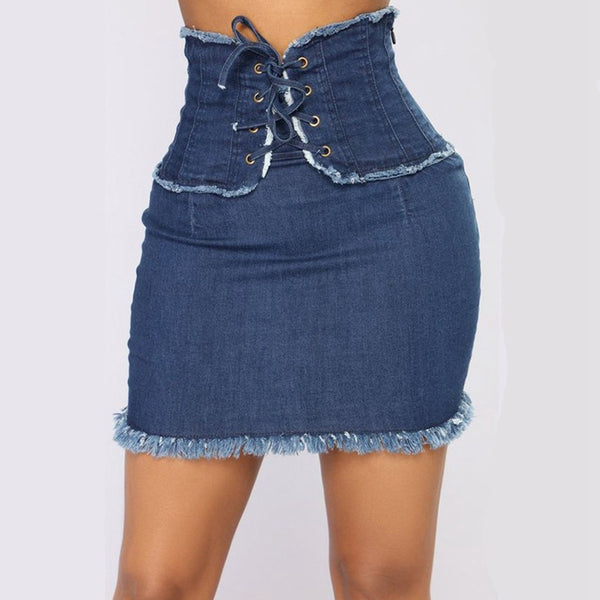Falda Denim Cintura Alta Estilo Callejero Mini Lápiz con Bolsillos
