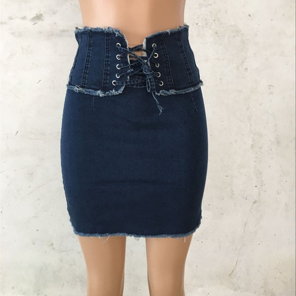 Falda Denim Cintura Alta Estilo Callejero Mini Lápiz con Bolsillos