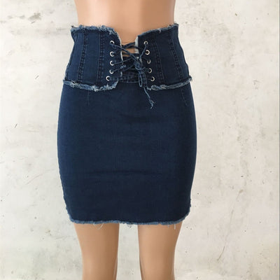 Falda Denim Cintura Alta Estilo Callejero Mini Lápiz con Bolsillos
