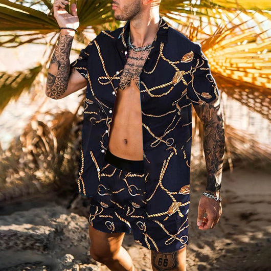 Conjunto de Camisa Suelta Estampada Manga Corta para Hombre Primavera