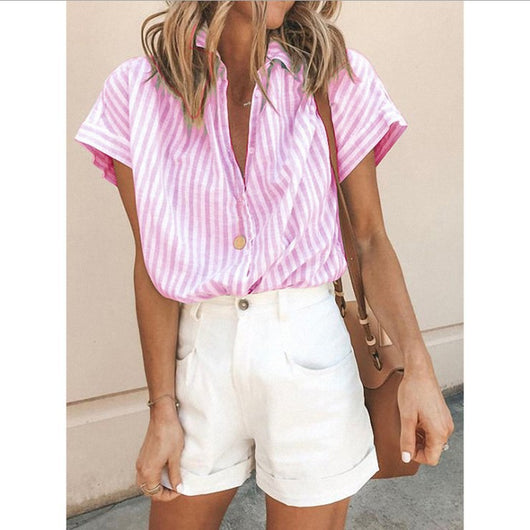 Blusa Suelta a Rayas con Solapa - Cardigan Femenino de Manga Corta - Image 9