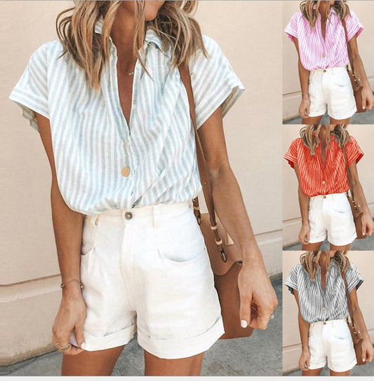 Blusa Suelta a Rayas con Solapa - Cardigan Femenino de Manga Corta