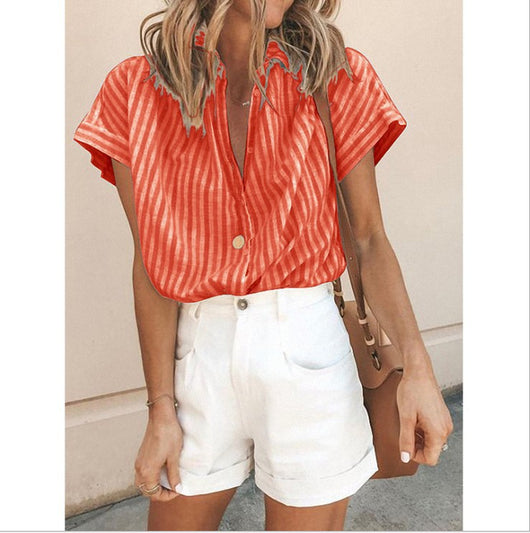 Blusa Suelta a Rayas con Solapa - Cardigan Femenino de Manga Corta - Image 2
