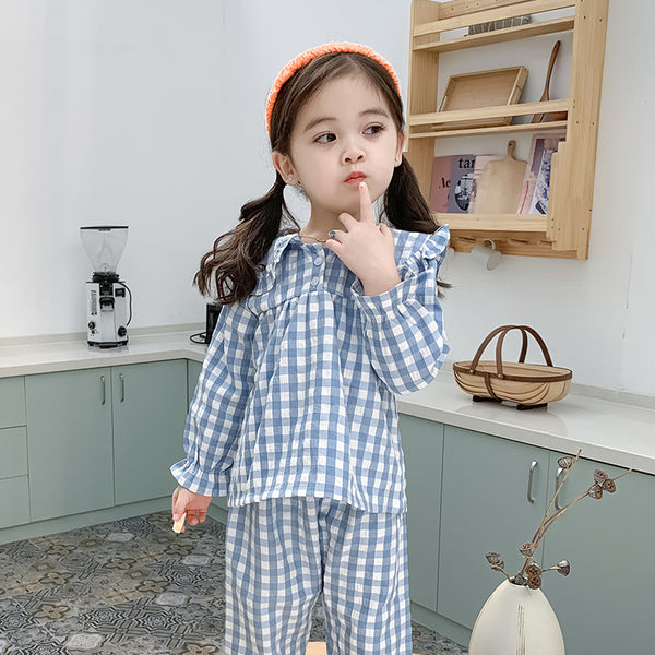 Pijama de Algodón Puro a Cuadros Otoño Bebé Cuello Muñeca Manga Larga