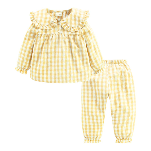 Pijama de Algodón Puro a Cuadros Otoño Bebé Cuello Muñeca Manga Larga - Image 4