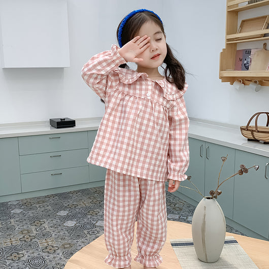Pijama de Algodón Puro a Cuadros Otoño Bebé Cuello Muñeca Manga Larga - Image 3