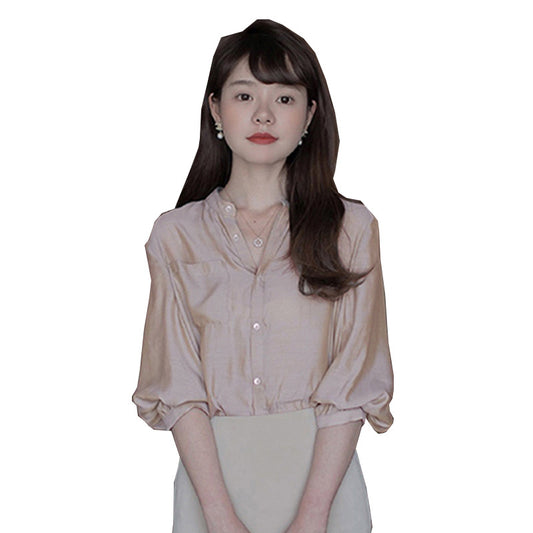 Blusa Suelta Japonesa Cuello Parado Manga 3/4 Dorado