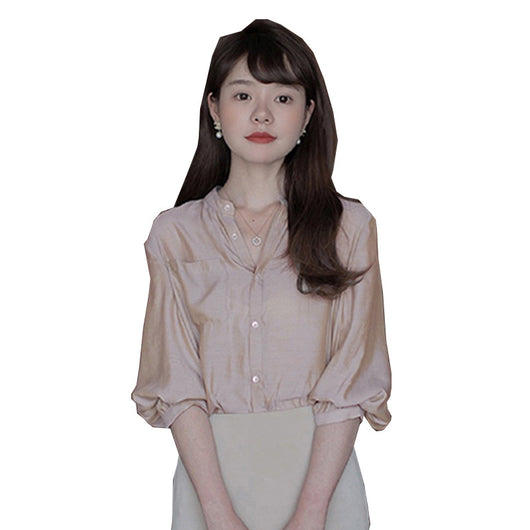Blusa Suelta Japonesa Cuello Parado Manga 3/4 Dorado