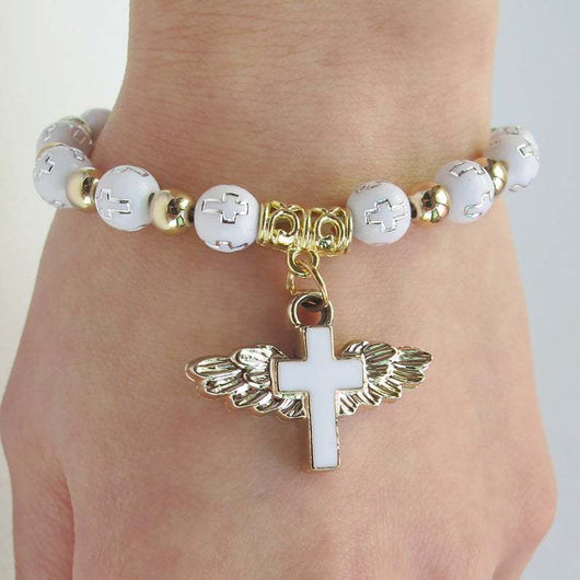 Pulsera Rosario con Cruz de Ángel y Gotas de Aceite en Acrílico Bronceado - Image 8