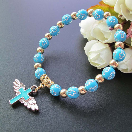 Pulsera Rosario con Cruz de Ángel y Gotas de Aceite en Acrílico Bronceado - Image 10