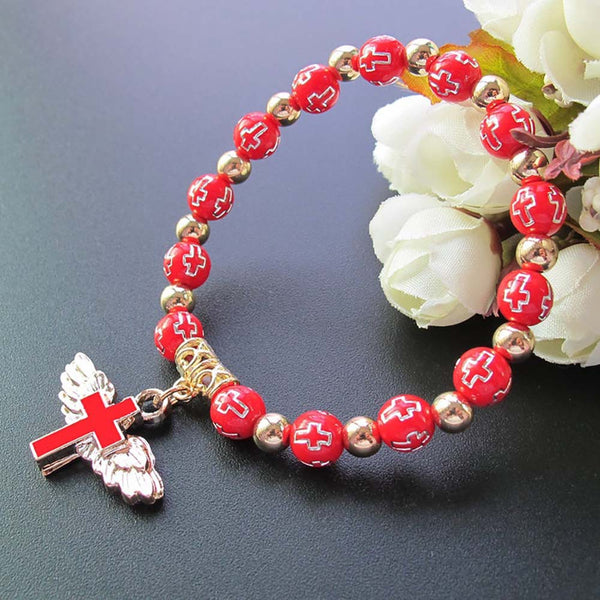 Pulsera Rosario con Cruz de Ángel y Gotas de Aceite en Acrílico Bronceado