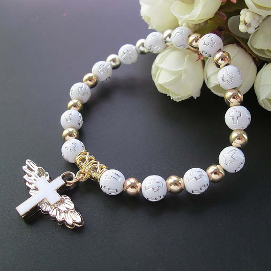 Pulsera Rosario con Cruz de Ángel y Gotas de Aceite en Acrílico Bronceado - Image 5