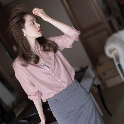 Camisa Pullover Gris Mercerizado de Cuello Alto Suelta para Trabajo - Image 11