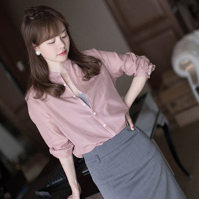 Camisa Pullover Gris Mercerizado de Cuello Alto Suelta para Trabajo - Image 10