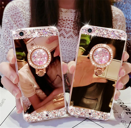 Funda Protectora con Anillo de Diamantes y Espejo para Smartphone