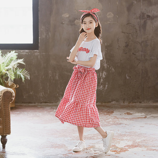 Conjunto Falda y Blusa Estilo Coreano para Niñas - Manga Volante Loto