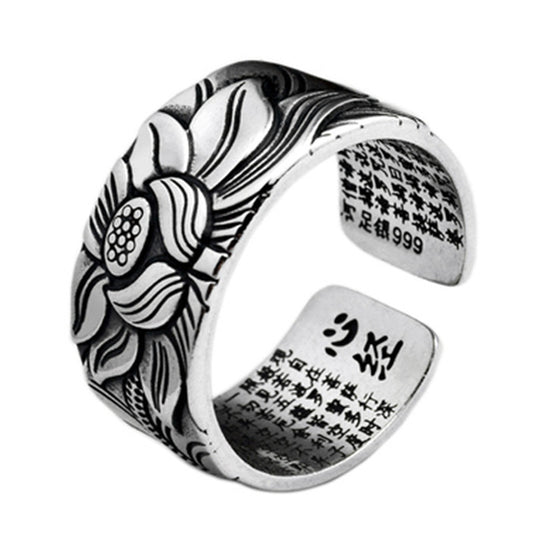 Anillo de Plata Vintage Sutra del Corazón Prajna Paramita con Loto