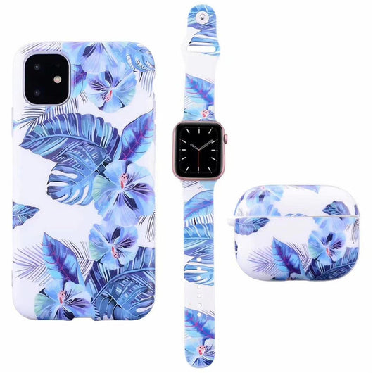 Set de Funda Esmerilada con Correa de Flores y Estuche para Audífonos, Compatible con Apple