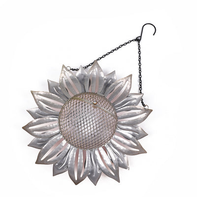 Yellow and orange wrought iron flower-shaped bird feeder with a mesh seed tray and hanging chain. - Image 7
