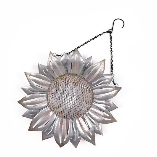 Yellow and orange wrought iron flower-shaped bird feeder with a mesh seed tray and hanging chain. - Image 7