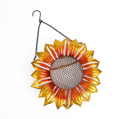 Yellow and orange wrought iron flower-shaped bird feeder with a mesh seed tray and hanging chain. - Image 2
