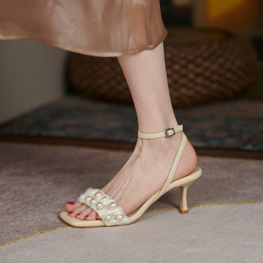 Sandalias Tacón Alto con Gasa Perlada Estilo Francés - Image 3