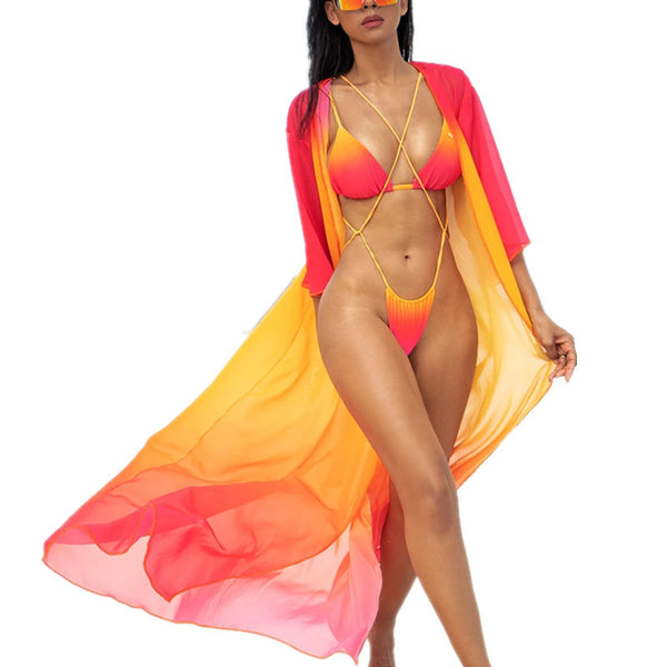 Gradient color bikini swimsuit with yellow to pink fade, featuring a triangle top and tie-side thong bottom.