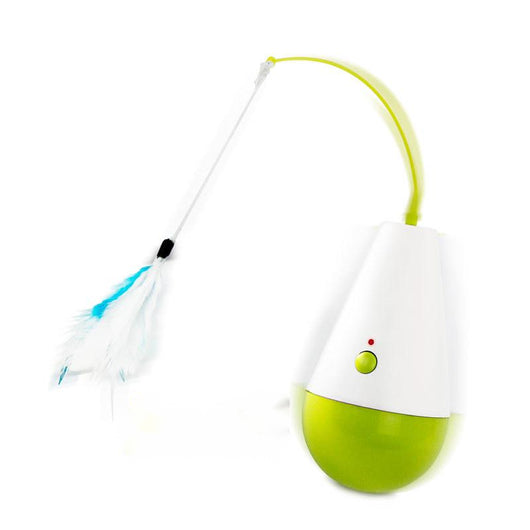 White and lime green electric cat toy tumbler with a blue feather attachment, shown with its product box. - Image 10