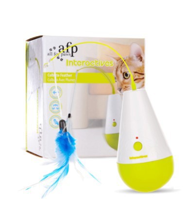 White and lime green electric cat toy tumbler with a blue feather attachment, shown with its product box. - Image 7