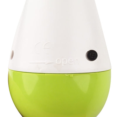 White and lime green electric cat toy tumbler with a blue feather attachment, shown with its product box. - Image 11