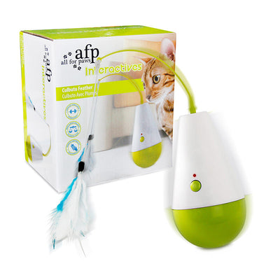 White and lime green electric cat toy tumbler with a blue feather attachment, shown with its product box. - Image 8
