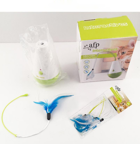 White and lime green electric cat toy tumbler with a blue feather attachment, shown with its product box. - Image 2