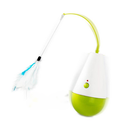 White and lime green electric cat toy tumbler with a blue feather attachment, shown with its product box. - Image 5