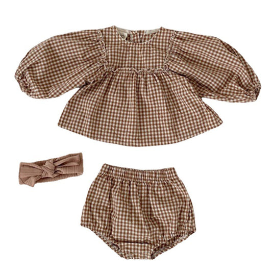 Conjunto Infantil Estilo Occidental con Blusa de Cuadros y Mangas Abullonadas - Image 2