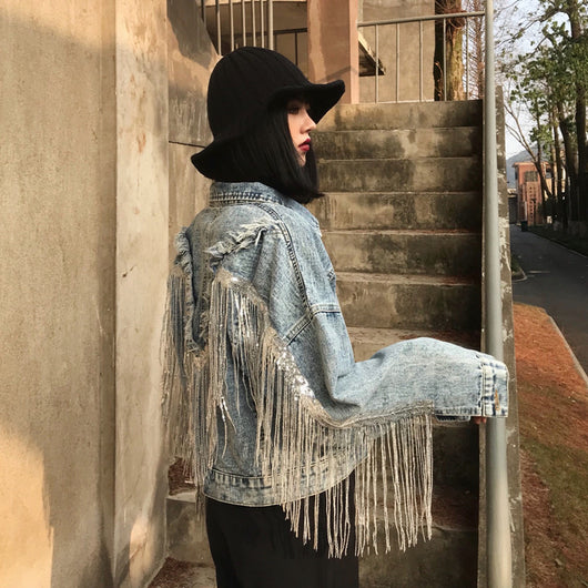 Chaqueta Denim Corta Suelta con Flecos para Mujer - Image 18