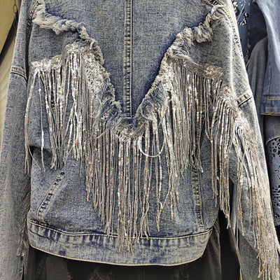 Chaqueta Denim Corta Suelta con Flecos para Mujer - Image 17