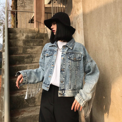 Chaqueta Denim Corta Suelta con Flecos para Mujer - Image 21