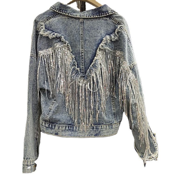 Chaqueta Denim Corta Suelta con Flecos para Mujer