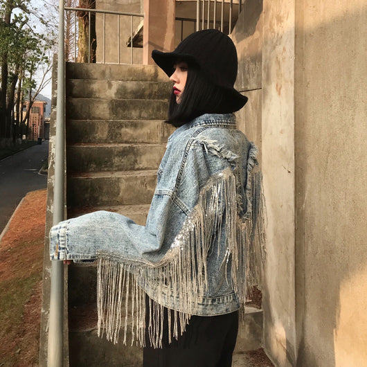 Chaqueta Denim Corta Suelta con Flecos para Mujer - Image 4