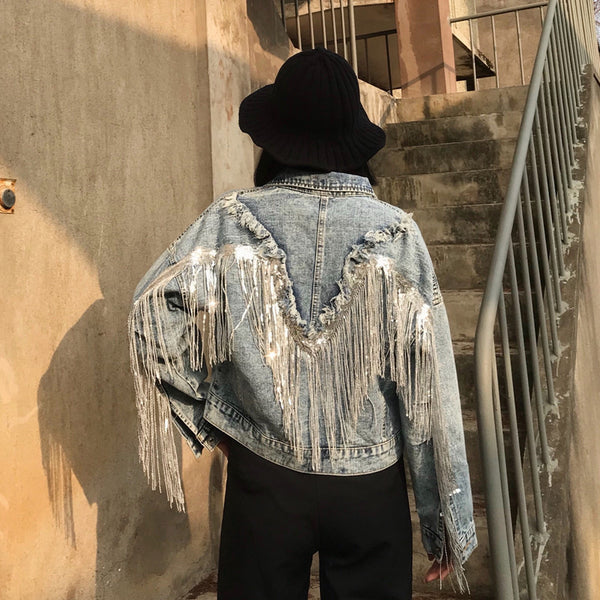 Chaqueta Denim Corta Suelta con Flecos para Mujer