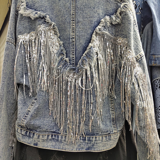 Chaqueta Denim Corta Suelta con Flecos para Mujer - Image 3