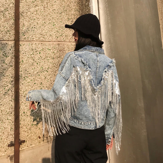 Chaqueta Denim Corta Suelta con Flecos para Mujer - Image 8