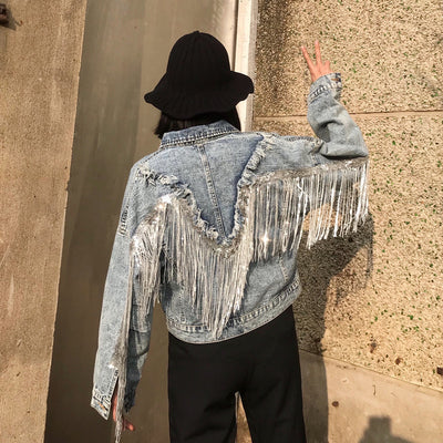 Chaqueta Denim Corta Suelta con Flecos para Mujer - Image 11