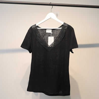 Blusa Manga Corta con Encaje Bordado y Escote en V