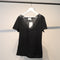 Blusa Manga Corta con Encaje Bordado y Escote en V